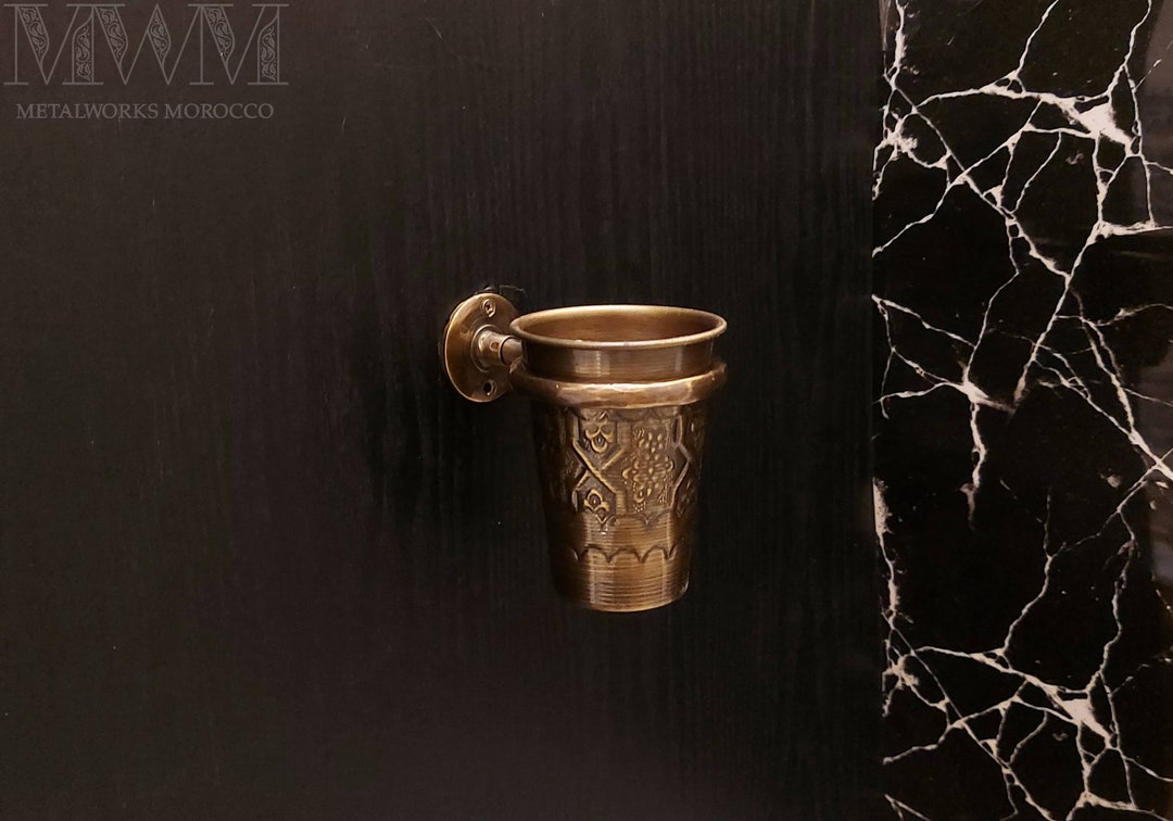 Etched Antique Brass Toothbrush Holder Cup Wall Mount Etsy