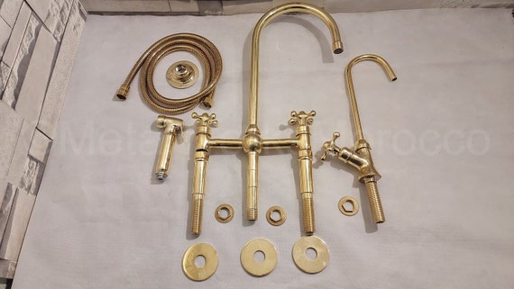 Three Columns Unlacquered Brass Kitchen Bridge Faucet With Side
