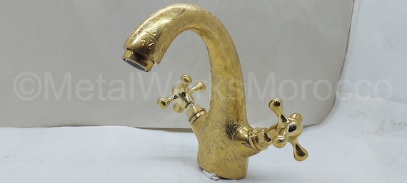 Engraved Bathroom Sink Faucet - Moroccan Solid Brass Faucet - Handmade Water Faucet