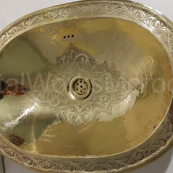 Lavabo de latón sólido ovalado grabado para el baño - 19X14 pulgadas Tocador de lavabo marroquí