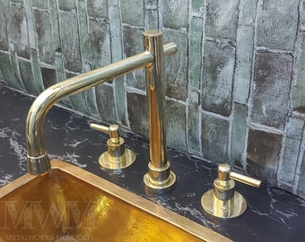 Unlacquered Brass Widespread Kitchen Faucet With New Swivel Spout