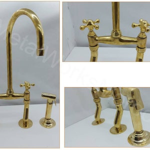 Rustic Solid Brass Bridge Faucet Curved Legs With Side Sprayer - Kitchen Sink Faucet