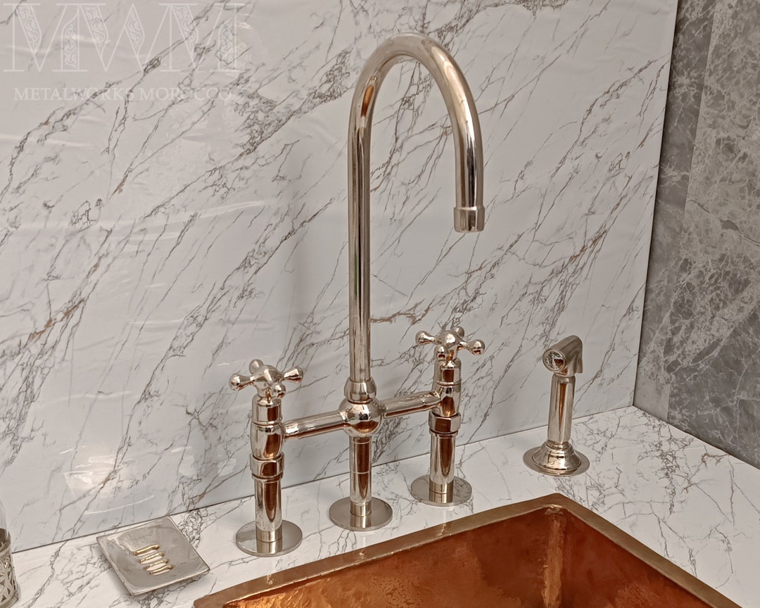Silver Chrome 3 Hole Bridge Faucet For Kitchen With Side Sprayer - 7inches - B