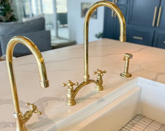 Classic U Brass Bridge Faucet With Or Without Side Sprayer - Unlacquered Brass Sink Faucet