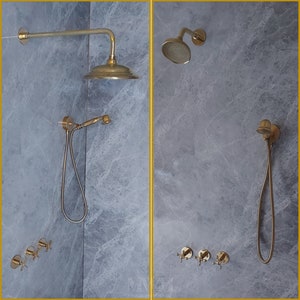 Unlacquered Brass Shower Faucet Set With Handheld And Rain Shower -  Shower System