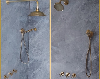 Unlacquered Brass Shower Faucet Set With Handheld And Rain Shower -  Shower System