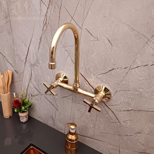 Unlacquered Brass Gooseneck Kitchen Faucet Wall Mounted
