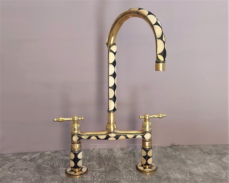 Unique Brass Kitchen Bridge Faucet Studded With Resin - Handmade Faucet
