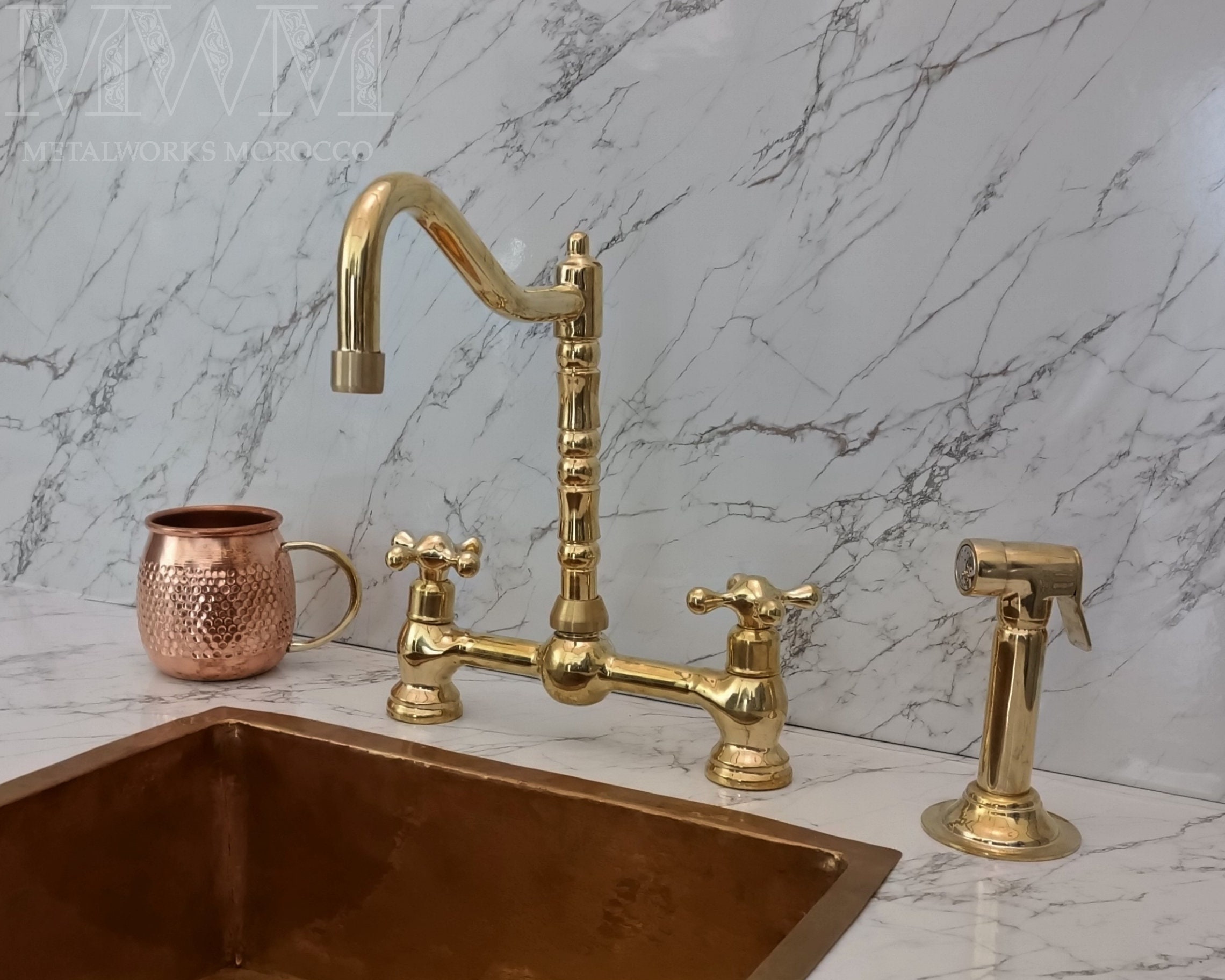 Unlacquered Brass Unique Bridge Faucet With Georgian Spout - Handmade Faucet