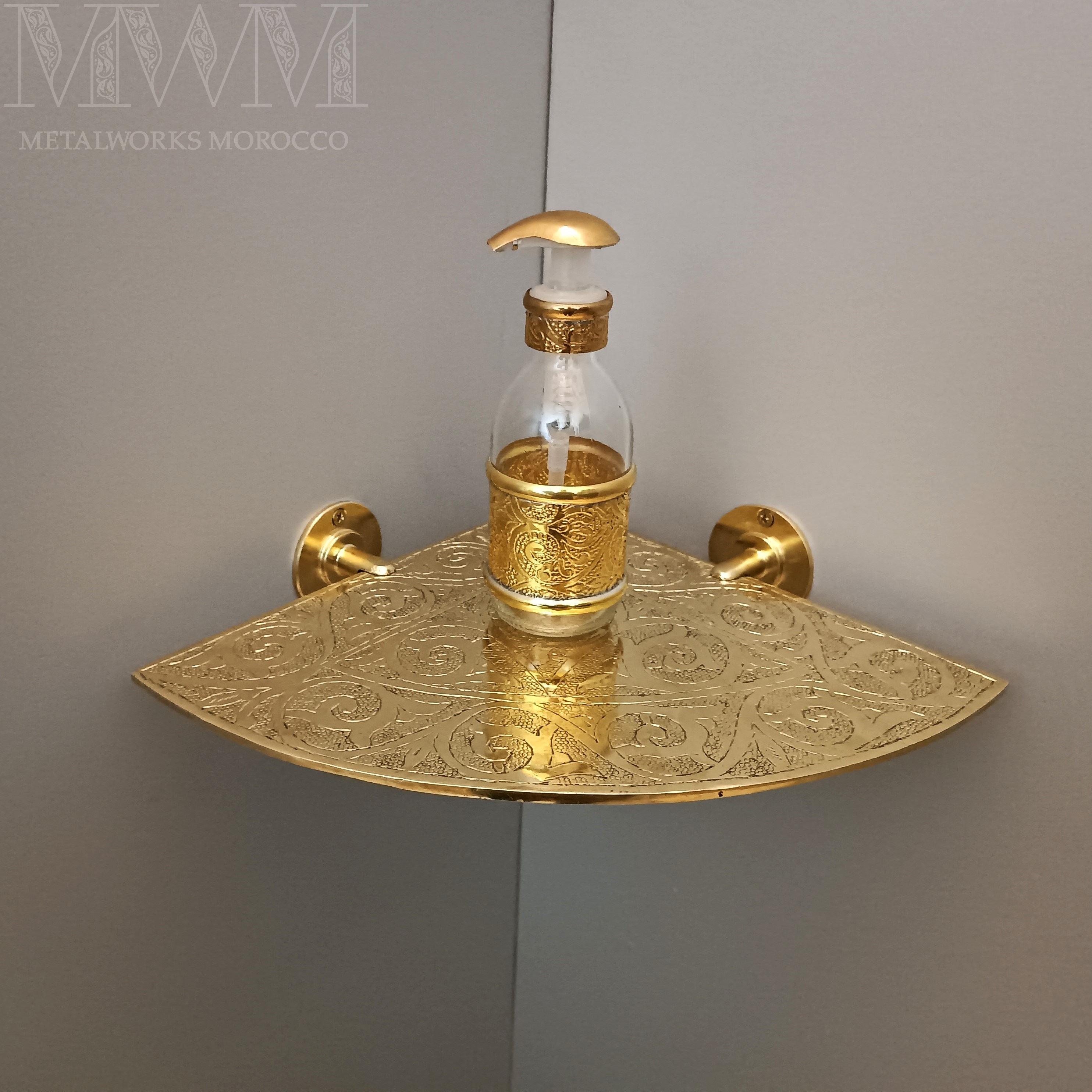 Unlacquered Brass Corner Shelf - Handmade Etched Wall Mounted Corner Shelves