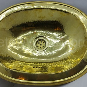 Oval Smooth Brass Bathroom Sink with Overflow Hole - Handmade Sink Vanity
