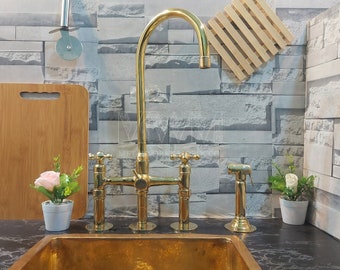 Handmade Solid Brass Three Columns Bridge Faucet With Three Handles - Kitchen Faucet