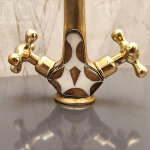 Brass Bath Mixer Taps with Resin & Wood Inlay | Handmade Solid Brass Bathroom Faucet image 6