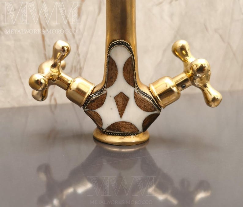 Brass Bath Mixer Taps with Resin & Wood Inlay | Handmade Solid Brass Bathroom Faucet image 6