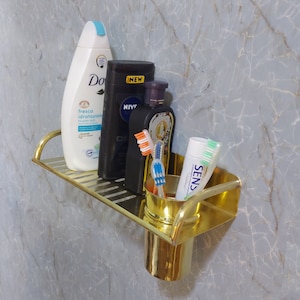 Unlacquered Brass Toothbrush Cup And Bathroom Shelf - Handmade Toothbrush Holder