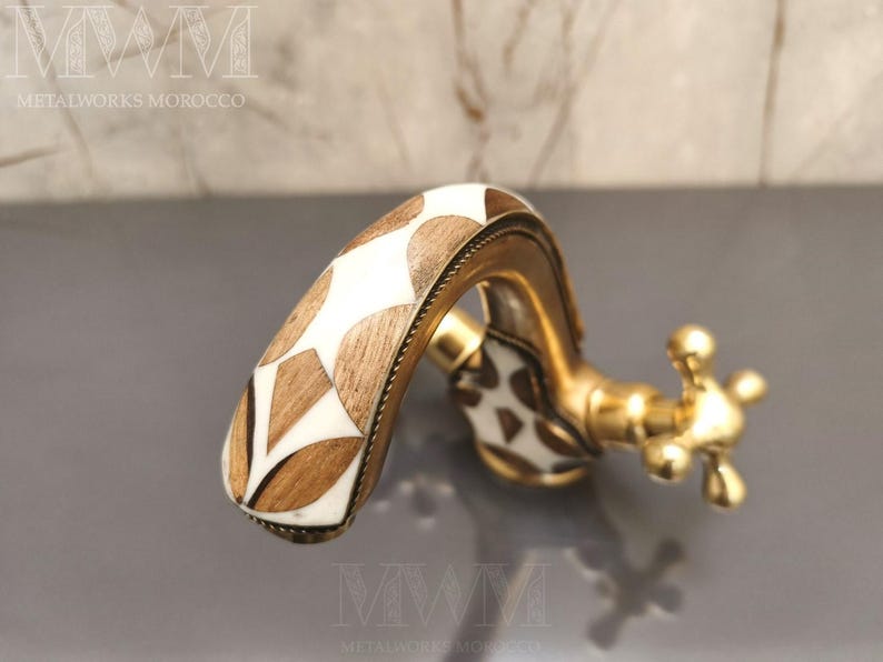 Brass Bath Mixer Taps with Resin & Wood Inlay | Handmade Solid Brass Bathroom Faucet image 5