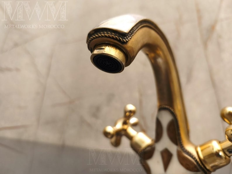 Brass Bath Mixer Taps with Resin & Wood Inlay | Handmade Solid Brass Bathroom Faucet image 8