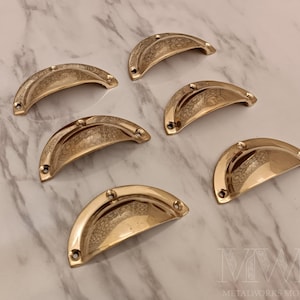 Set Of Unlacquered Brass Cabinet Pulls – Handmade Drawer Cup Pulls For Kitchen
