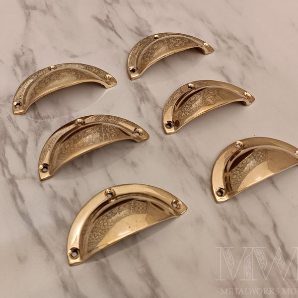 Set Of Unlacquered Brass Cabinet Pulls – Handmade Drawer Cup Pulls For Kitchen