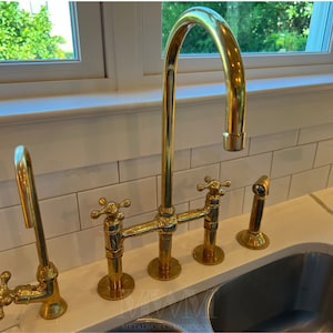 Three Columns Unlacquered Brass Kitchen Bridge Faucet With Side Sprayer