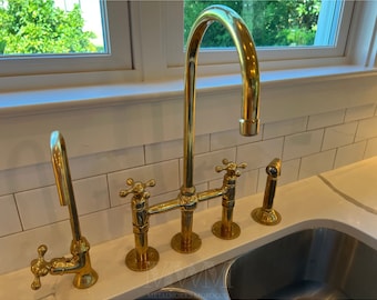 Three Columns Unlacquered Brass Kitchen Bridge Faucet With Side Sprayer