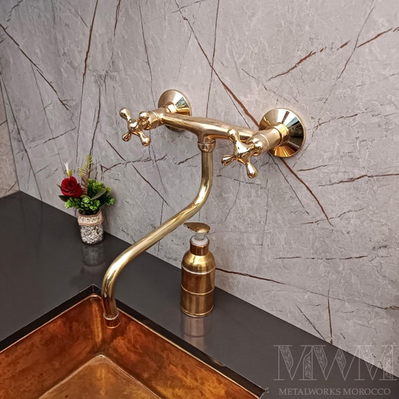 Solid Brass Wall Mounted Kitchen Faucet - Rustic Handmade Sink Faucet