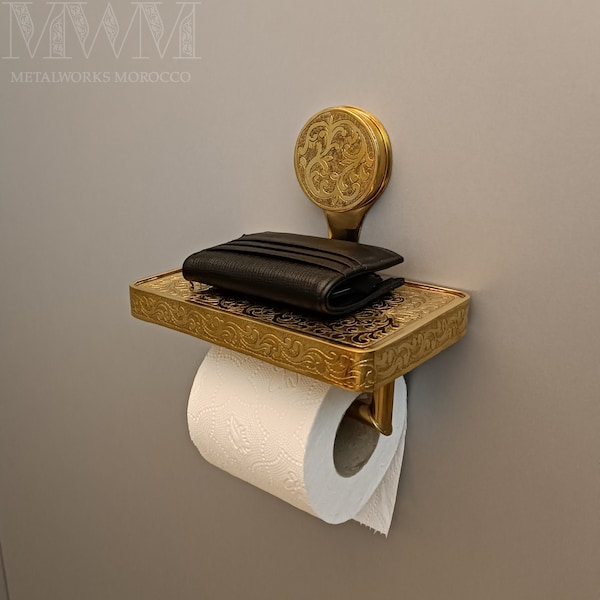 Handmade Brass Toilet Roll Holder With Shelf - Toilet Paper Holder