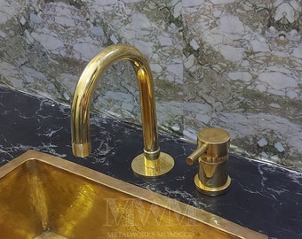 Unlacquered Brass Single Lever Widespread Faucet For Bathroom - Gooseneck Faucet