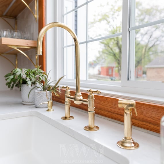 Naturel Unlacquered Brass Bridge Kitchen Faucet – Side Sprayer - Soap Dispenser