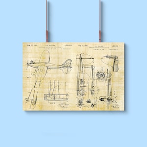 May include: A vintage black and white blueprint of a controlled-capture type of airplane, patent number 2,292,416, filed August 31, 1942, by N.E. Walker.