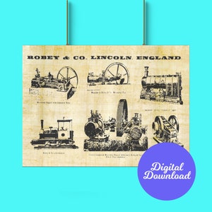 poster of a vintage advertisement from the 19th century for 6 steam engines and mining machines