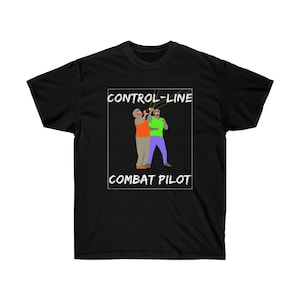 May include: Black t-shirt with a white rectangle featuring a graphic of two people flying a control line model airplane. The text "CONTROL-LINE COMBAT PILOT" is printed in white on the rectangle.