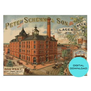 Op de afbeelding: Een vintage advertentie voor Peter Schemm & Son Lagerbier. De advertentie toont een illustratie van een bakstenen brouwerijgebouw met een hoge schoorsteen. De tekst "Peter Schemm & Son Lagerbier" staat in een decoratief lettertype bovenaan de advertentie. De brouwerij is gevestigd in de 25th & Poplar Sts, Philadelphia.