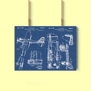 May include: A blue and white blueprint of a controlled captive type toy aeroplane patent, dated 11 August 1942, with the patent number 2,292,416. The patent is for a controlled captive type toy aeroplane.