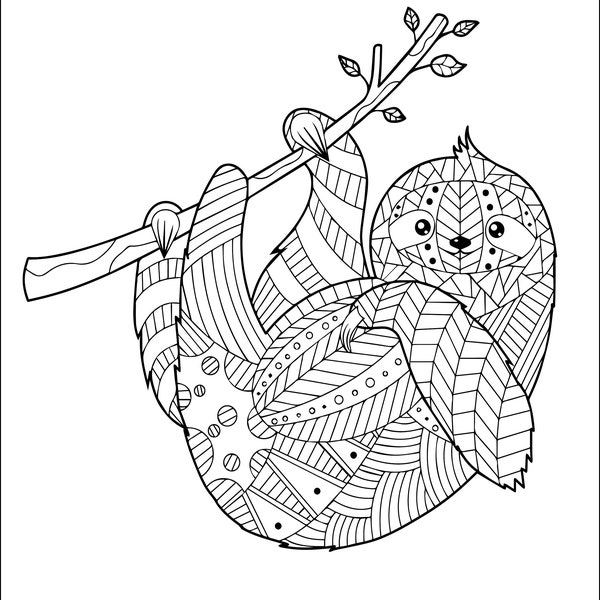 Sloth Mandala Coloring Page for Adults & Kids, Instantly Printable PDF