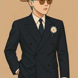 Personaje de moda de estilo K-Pop imprimible: Arte digital de chico chic, calcomanía o póster para descargar para diario