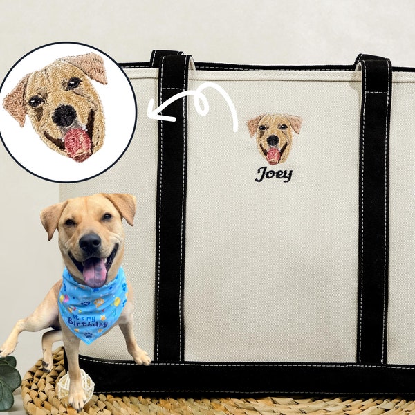 Custom Embroidered Pet Portrait Canvas Tote Bag, Dog Cat Gift