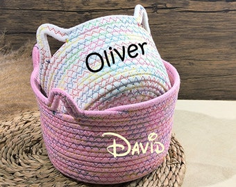 Embroidered Name Basket, Baby Gift Basket, Personalized Storage Basket,Baby Shower Gift,Dog Toy Basket,Custom Easter Basket,Rope Hand Basket