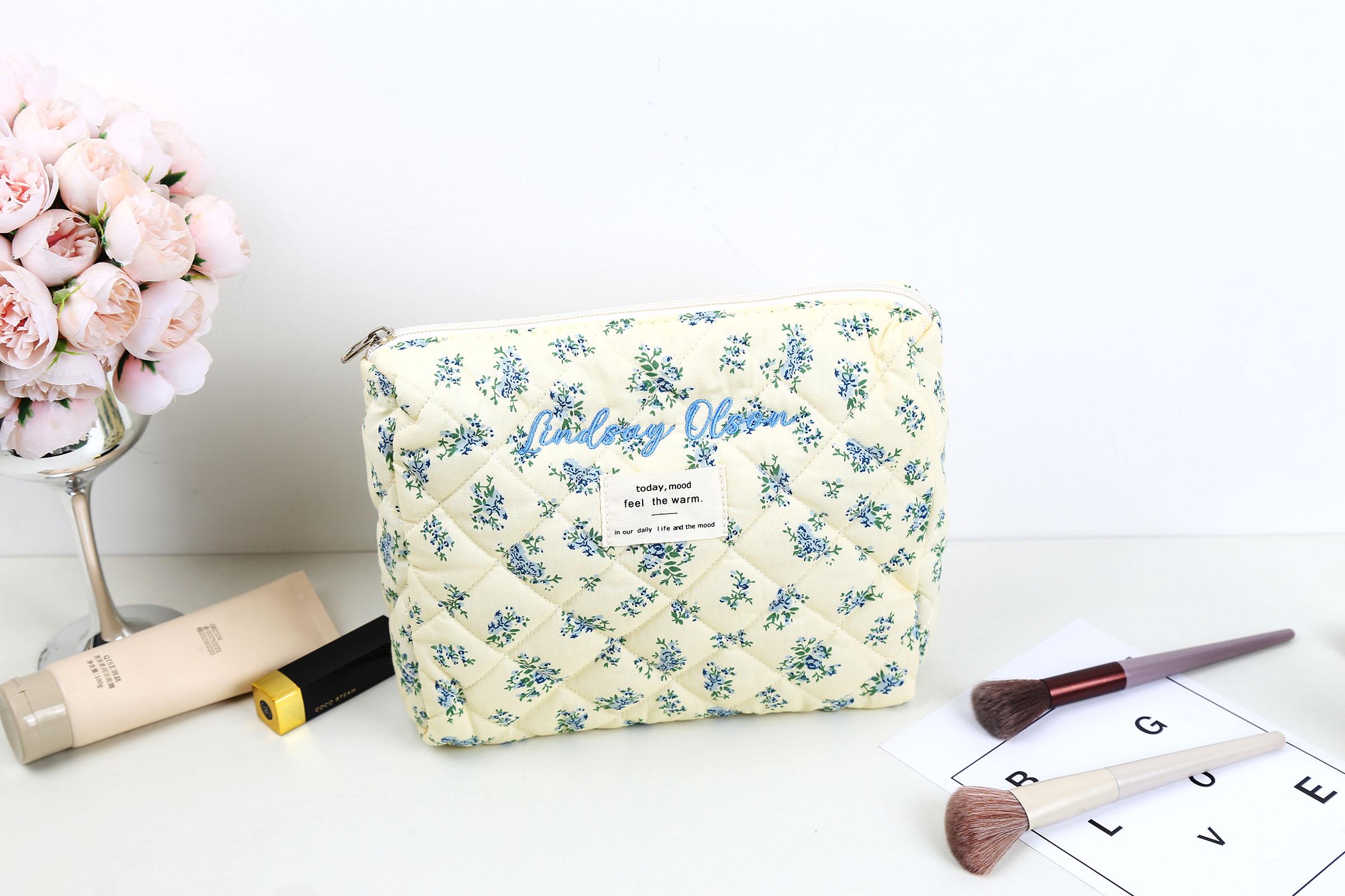 Personalized Floral Makeup Bag, Handmade Quilted Cosmetic Bag, Embroidered Gift for Her, Bridesmaid Gift, Travel Makeup Pouch, Toiletry Bags
