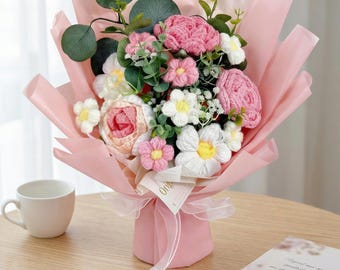 Ramo de flores de ganchillo, arreglo floral, decoración del hogar, decoración de boda, regalo para mamá, regalo de aniversario de flores eternas hecho a mano.