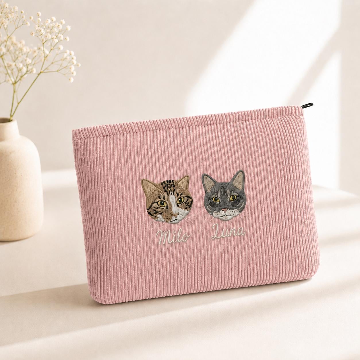 Hand Embroidered Pet Photo Corduroy Beauty Bag, Gift for Animal Lovers, Women’s Surprise Gift, Light Travel Case, Exclusive Bespoke Gift