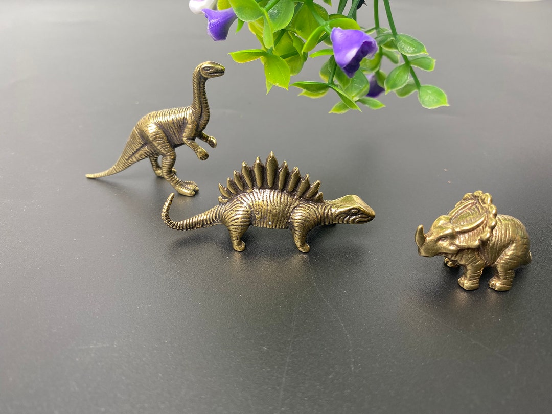 Three Brass Dinosaurs Statue Figurine Animal Ornaments Gold Miniature
