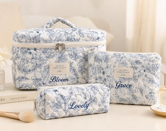 Personalized Embroidered Makeup Bag – Custom Name Cosmetic Bag – Bridesmaid Gift – Gift for Mom – Floral Wedding or Travel Organizer