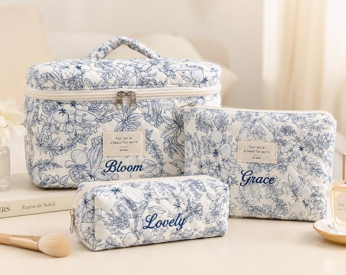 Personalized Embroidered Makeup Bag – Custom Name Cosmetic Bag – Bridesmaid Gift – Gift for Mom – Floral Wedding or Travel Organizer