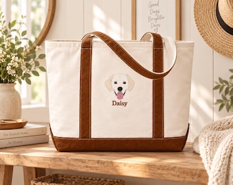 Custom Embroidered Pet Portrait Canvas Tote Bag, Dog Cat Gift