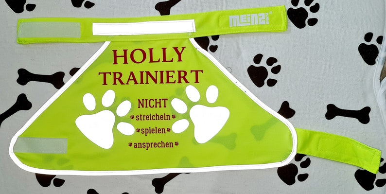 K&ouml;nnte beinhalten: Eine leuchtend gr&uuml;ne Hundetraining-Weste mit reflektierendem Besatz. Die Weste hat wei&szlig;e Pfotenabdr&uuml;cke und den Text "HOLLY TRAINIERT NICHT *streicheln* *spielen* *ansprechen*" in Braun.
