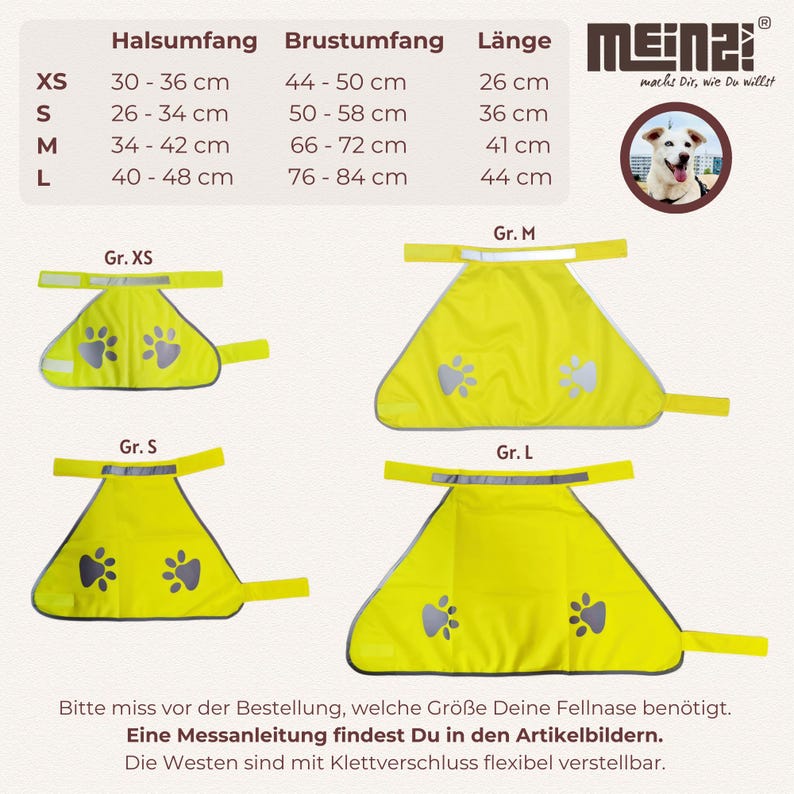 K&ouml;nnte beinhalten: Eine Tabelle mit verschiedenen Gr&ouml;&szlig;en eines gelben Sicherheits-Weste f&uuml;r Hunde mit Pfotenabdr&uuml;cken. Die Weste hat einen Klettverschluss. Die Tabelle zeigt Hals-, Brust- und L&auml;ngenma&szlig;e in Zentimetern. Der Text auf der Tabelle lautet "Halsumfang", "Brustumfang", "L&auml;nge", "Gr. XS", "Gr. S", "Gr. M", "Gr. L", "XS", "S", "M", "L", "30-36 cm", "26-34 cm", "34-42 cm", "40-48 cm", "44-50 cm", "50-58 cm", "66-72 cm", "76-84 cm", "26 cm", "36 cm", "41 cm", "44 cm".