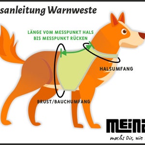 K&ouml;nnte beinhalten: Diagramm zur Veranschaulichung der Messung eines Hundes f&uuml;r eine Sicherheitsweste. Das Diagramm zeigt einen orangefarbenen Cartoon-Hund mit einer gr&uuml;nen Weste. Die Messungen sind in Deutsch beschriftet: "L&auml;nge vom Messpunkt Hals bis Messpunkt R&uuml;cken", "Brust/Bauchumfang" und "Halsumfang".