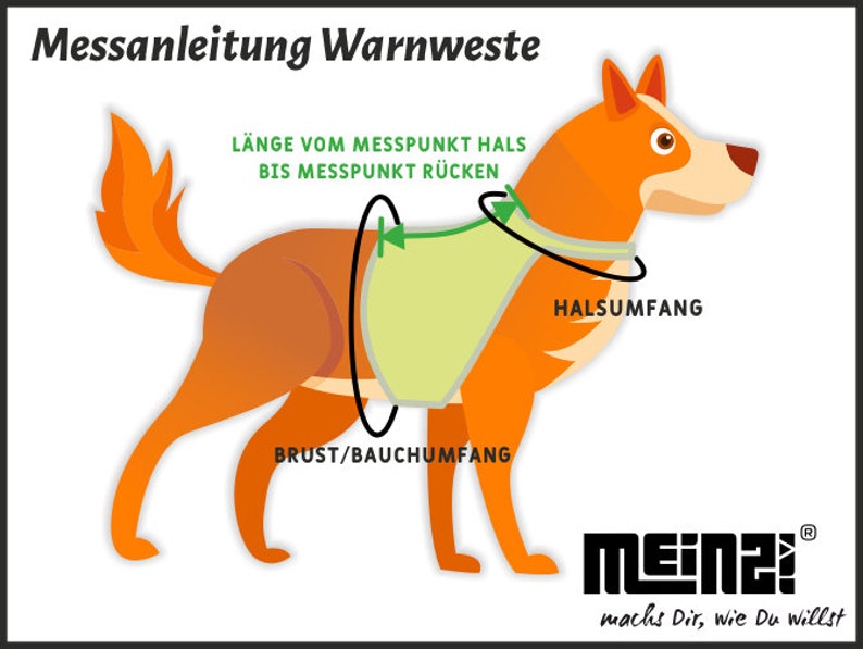 K&ouml;nnte beinhalten: Diagramm zur Veranschaulichung der Messung eines Hundes f&uuml;r eine Sicherheitsweste. Das Diagramm zeigt einen orangefarbenen Cartoon-Hund mit einer gr&uuml;nen Weste. Die Messungen sind in Deutsch beschriftet: "L&auml;nge vom Messpunkt Hals bis Messpunkt R&uuml;cken", "Brust/Bauchumfang" und "Halsumfang".