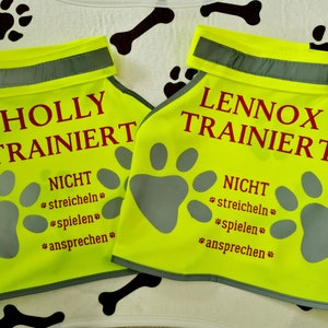 K&ouml;nnte beinhalten: Zwei gelbe Sicherheitswesten mit reflektierenden Streifen. Die Westen haben die Worte "HOLLY TRAINIERT" und "LENNOX TRAINIERT" in Rot aufgedruckt. Die Westen haben auch die Worte "NICHT" und "*streicheln*" in Rot aufgedruckt. Die Westen haben ein Pfotenabdruck-Design.
